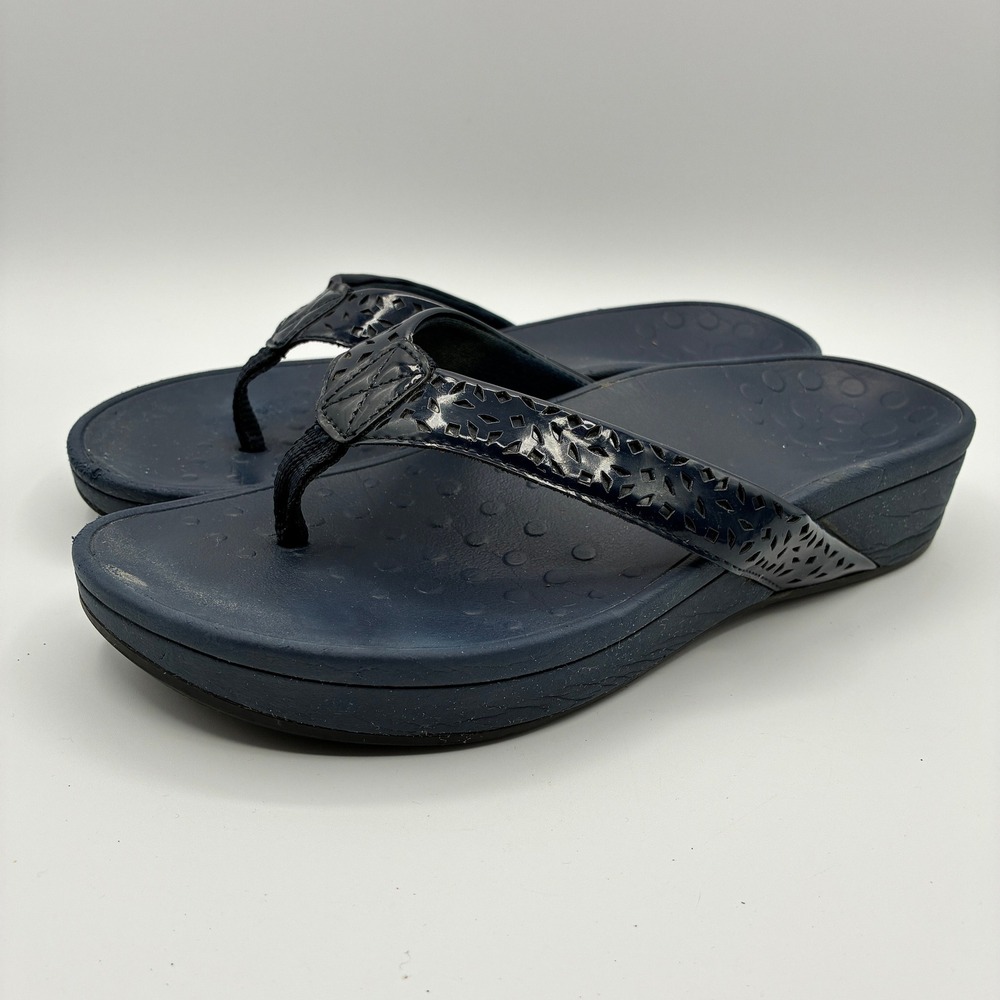 Vionic High Tide Platform Flip Flop Sandals Womens 8 Navy Blue Laser Cut Strap